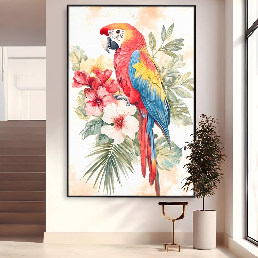 Tablou canvas cu tablou canvas cu papagal multicolor si flori, in rama de aluminiu negru